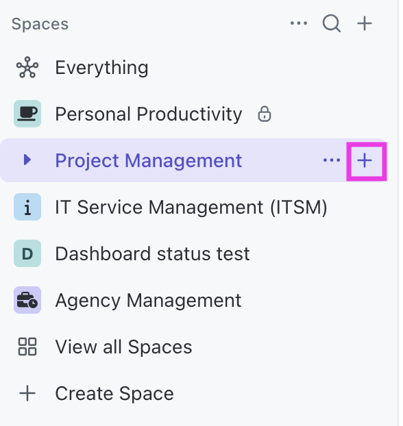 Screenshot of the plus icon next to a Space in the Sidebar